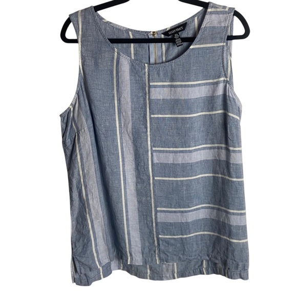 Ellen Tracy Size Xl Pure Linen Tank Top Blue With White Stripes Costal Nautical - Picture 1 of 6